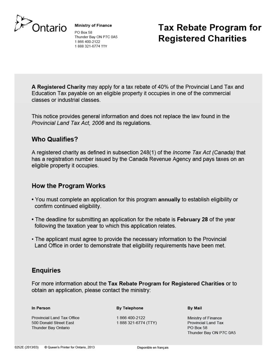 Form 0252E Application for Registered Charities Tax Rebate - Ontario, Canada, Page 1