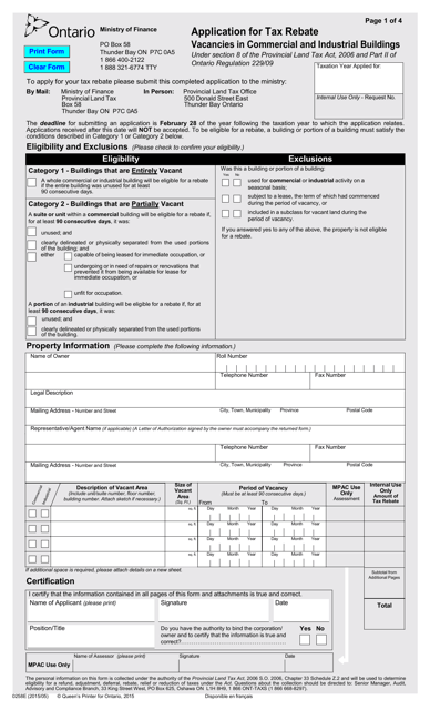 Form 0258E Application for Tax Rebate Vacancies in Commercial and Industrial Buildings - Ontario, Canada