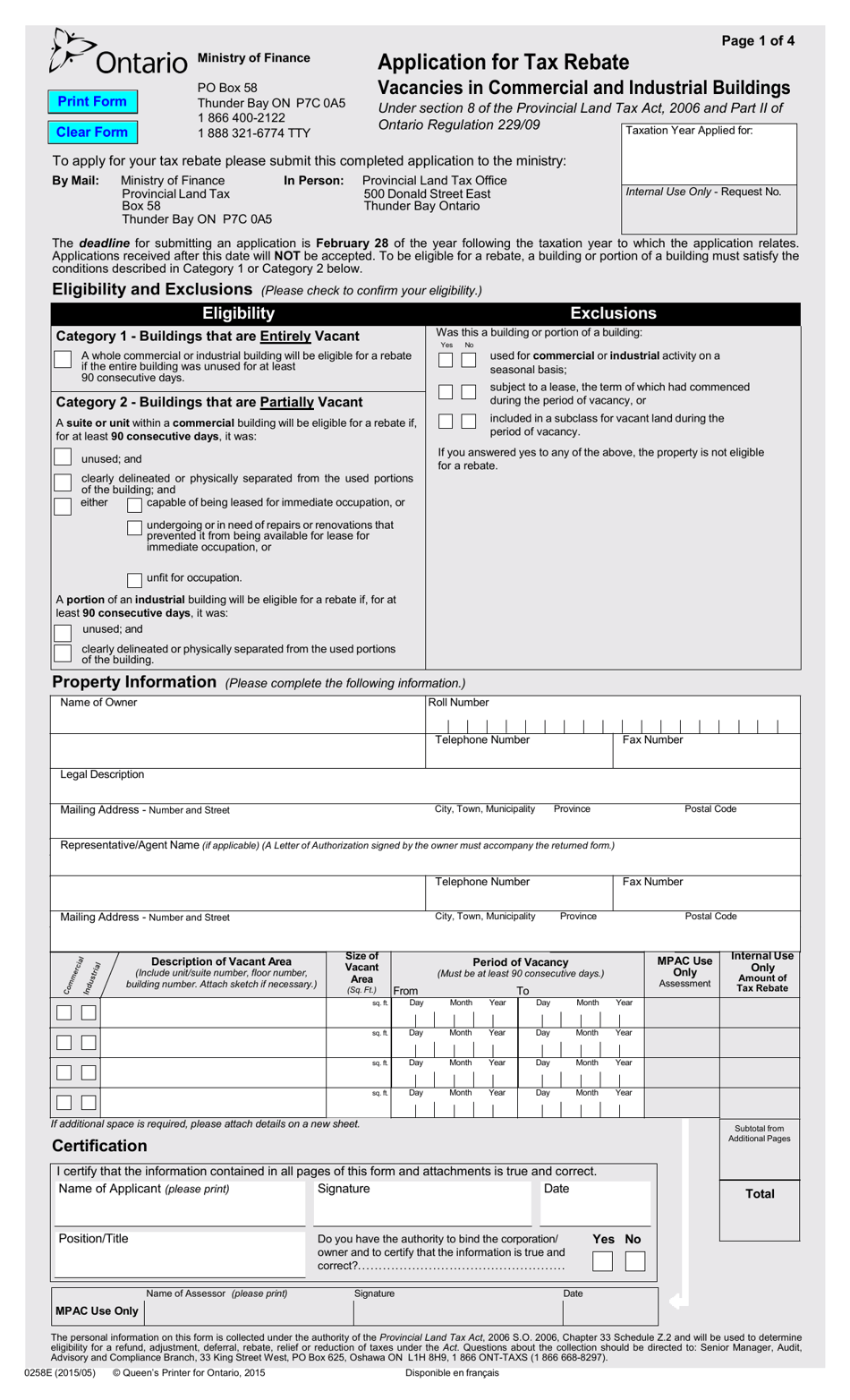 Form 0258E Application for Tax Rebate Vacancies in Commercial and Industrial Buildings - Ontario, Canada, Page 1