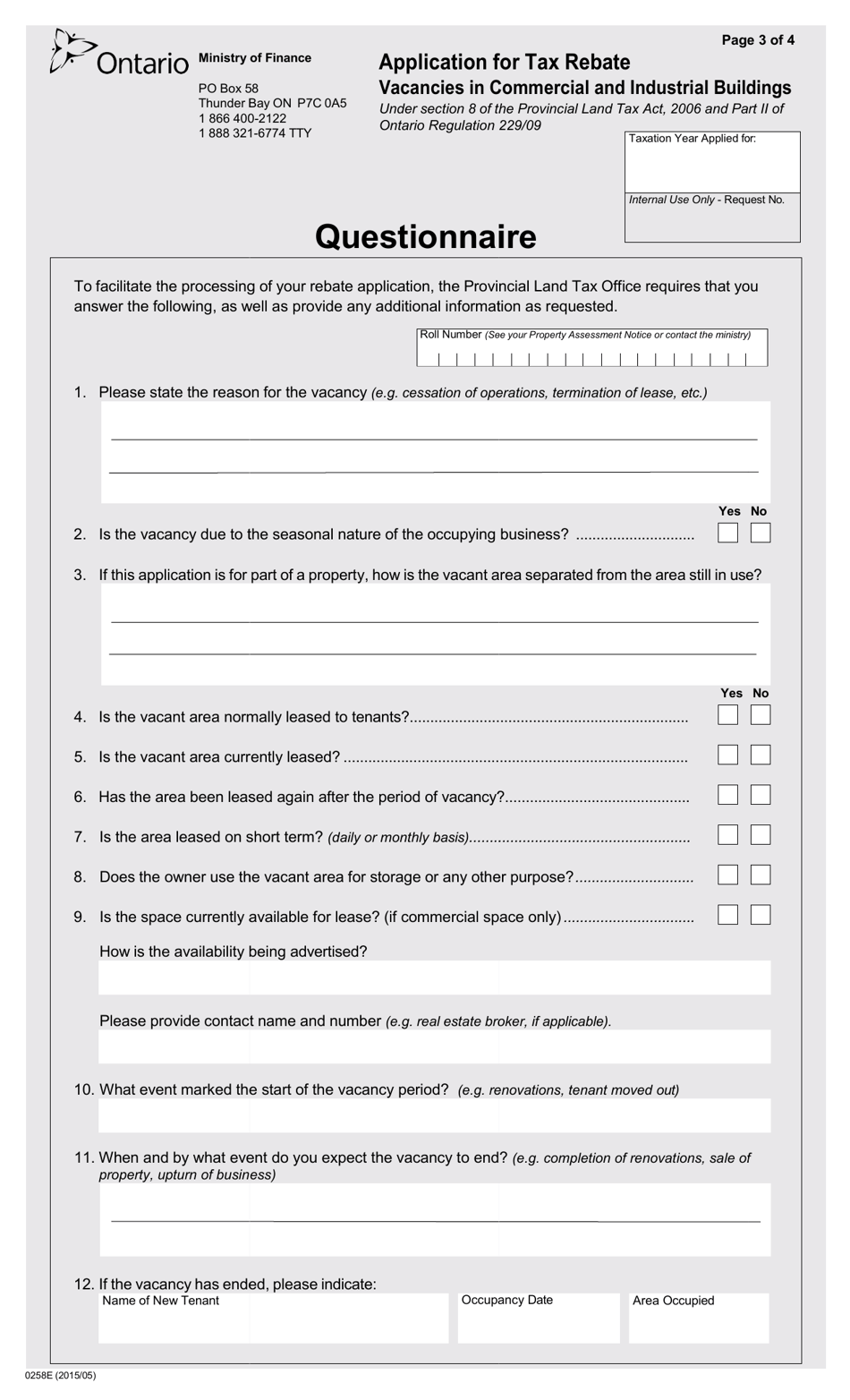 Form 0258E Application for Tax Rebate Vacancies in Commercial and Industrial Buildings - Ontario, Canada, Page 3
