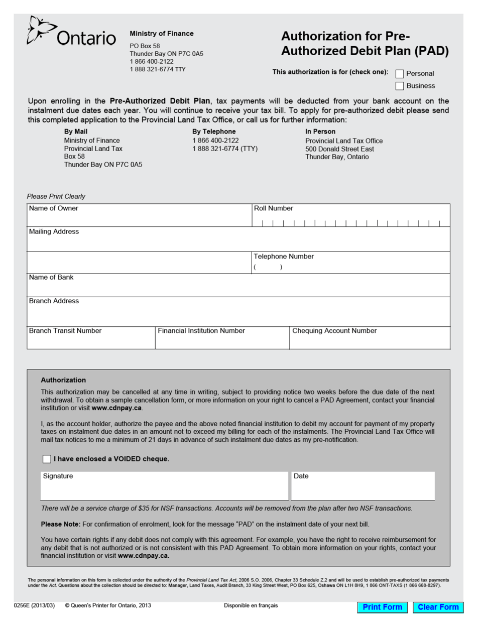 Form 0256E Authorization for Pre-authorized Debit Plan (Pad) - Ontario, Canada, Page 1