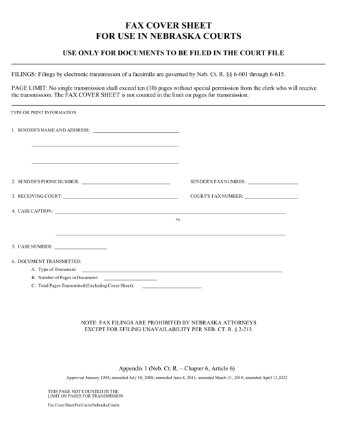 Fax Cover Sheet for Use in Nebraska Courts - Nebraska Download Pdf