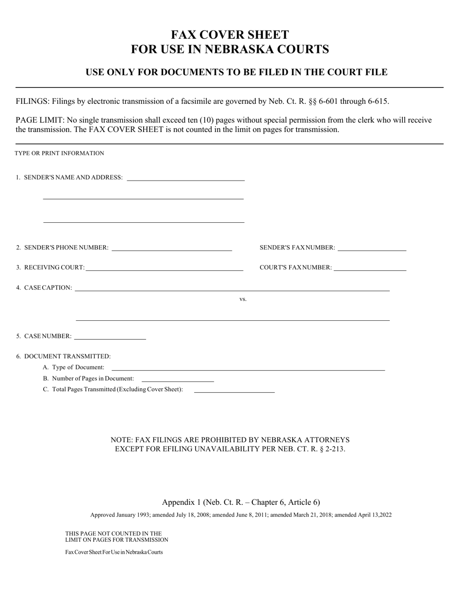 Fax Cover Sheet for Use in Nebraska Courts - Nebraska, Page 1
