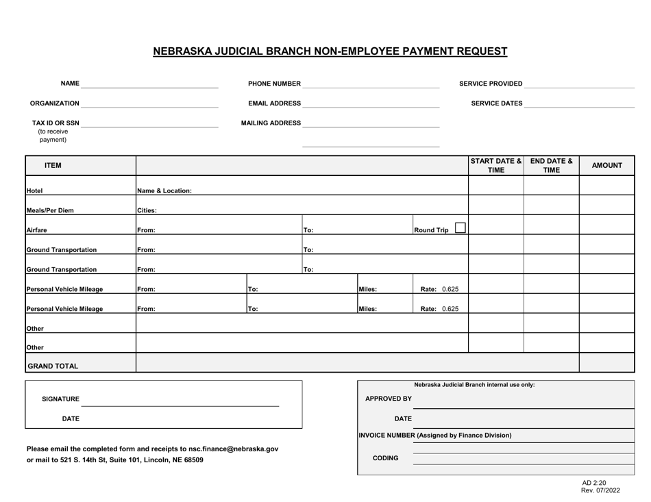 Form AD2:20 Nebraska Judicial Branch Non-employee Payment Request - Nebraska, Page 1