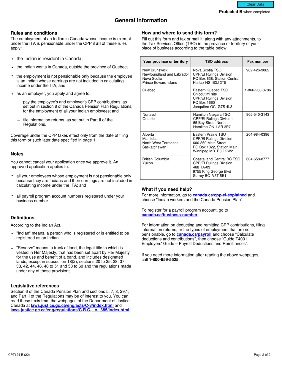 Form CPT124 Application to Cover the Employment of an Indian in Canada Under the Canada Pension Plan Whose Income Is Exempt Under the Income Tax Act - Canada, Page 2