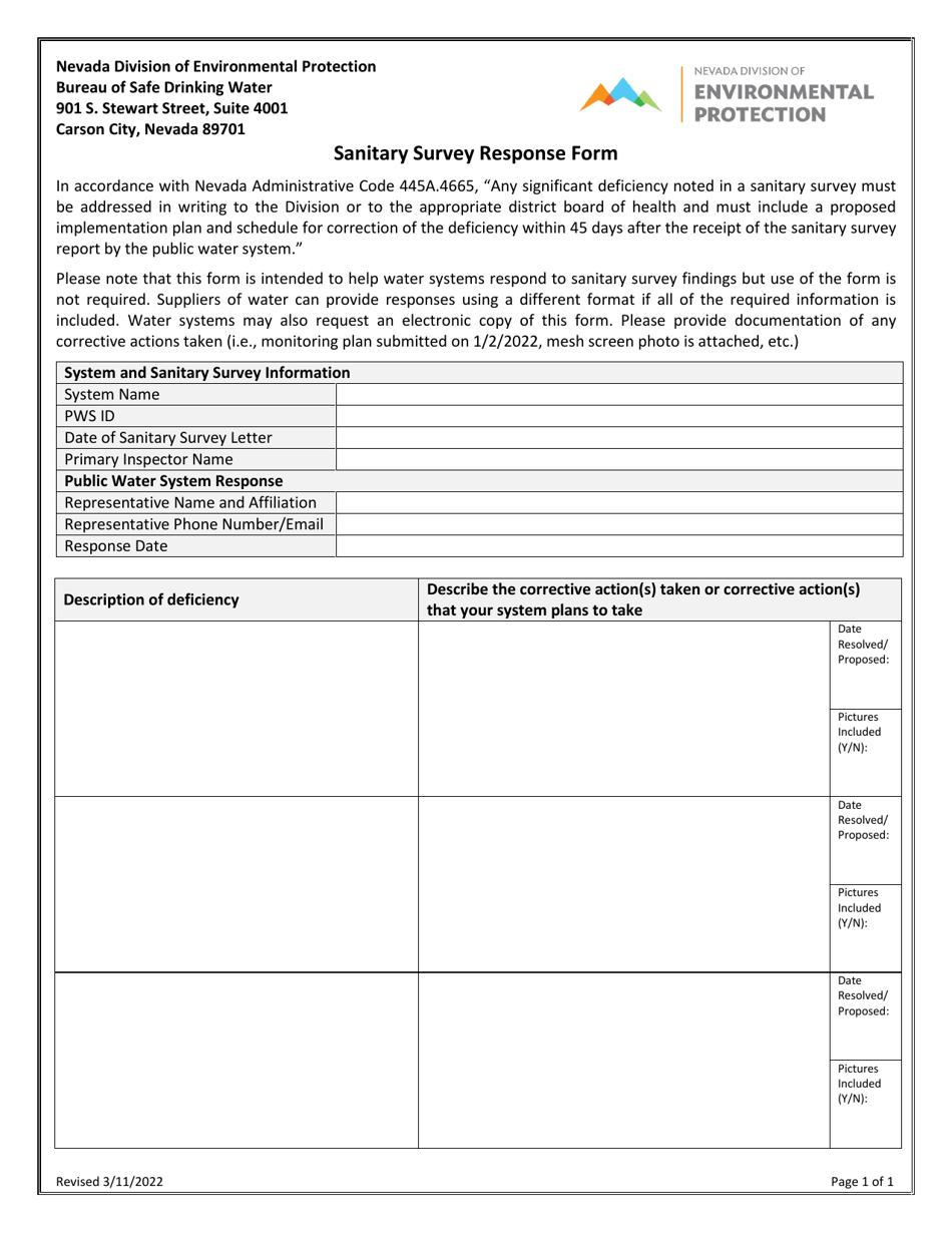 Sanitary Survey Response Form - Nevada, Page 1