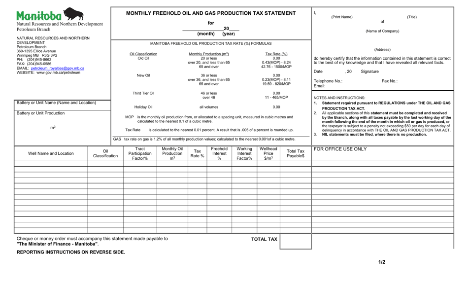 Monthly Freehold Oil and Gas Production Tax Statement - Manitoba, Canada, Page 1