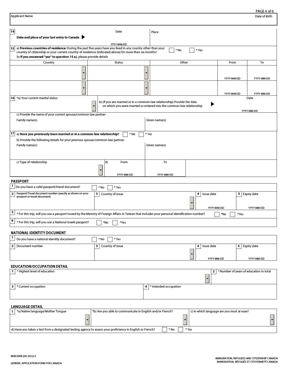 Form IMM0008 Generic Application Form for Canada - Canada, Page 4