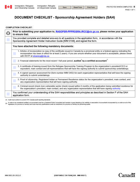 Form IMM0002 Document Checklist - Sponsorship Agreement Holders (Sah) - Canada