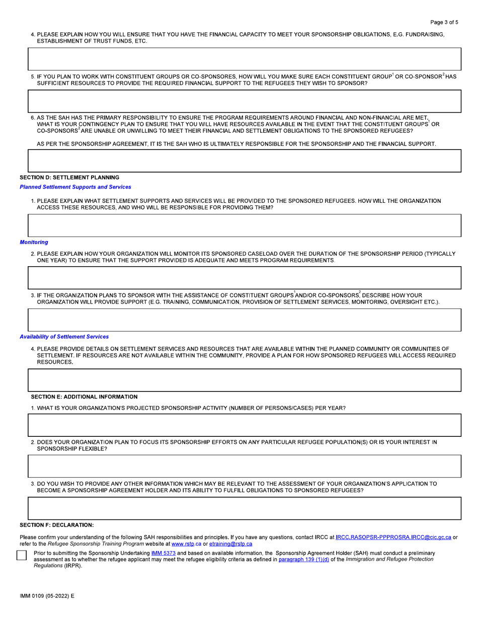 Form IMM0109 Application to Become a Sponsorship Agreement Holder - Canada, Page 3