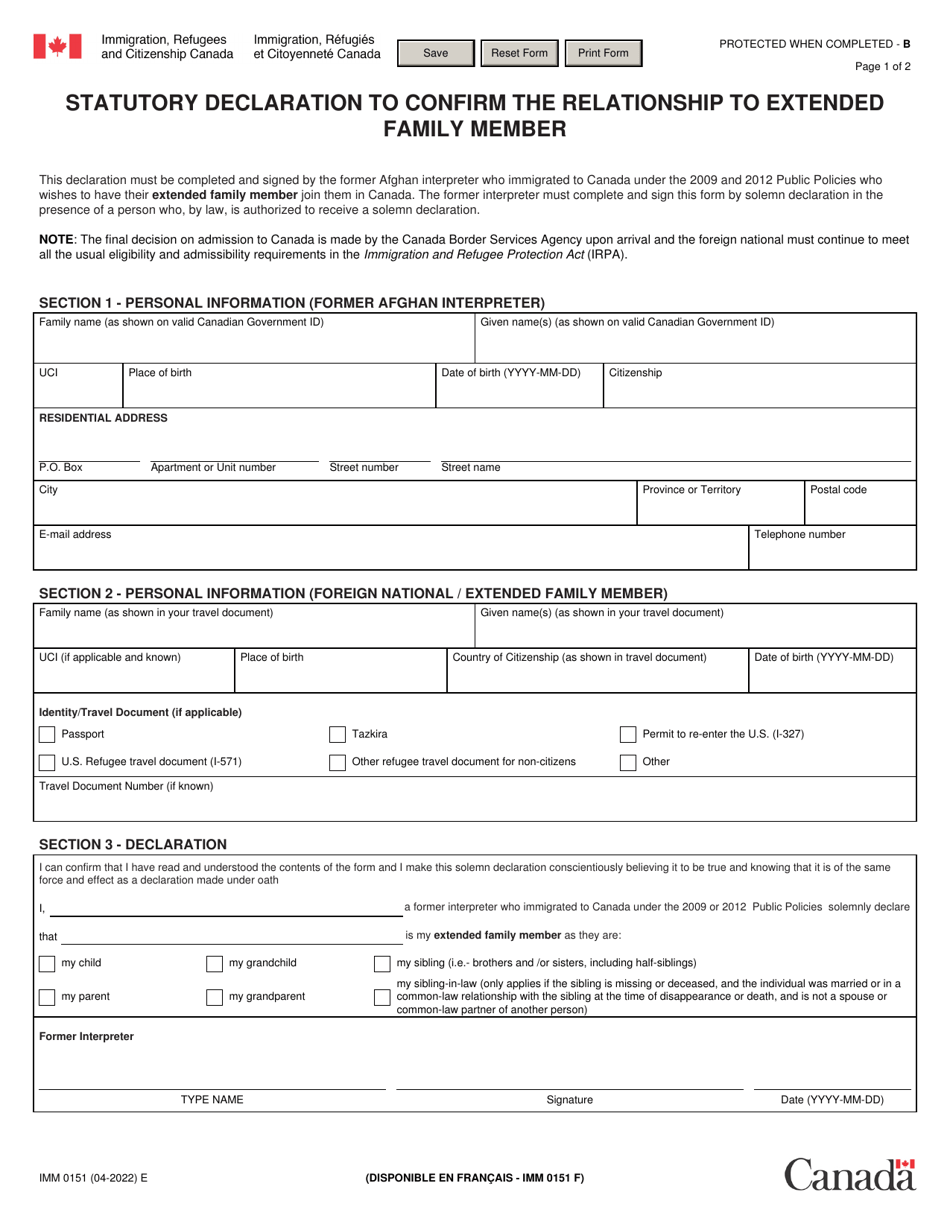 Form IMM0151 Statutory Declaration to Confirm the Relationship to Extended Family Member - Canada, Page 1
