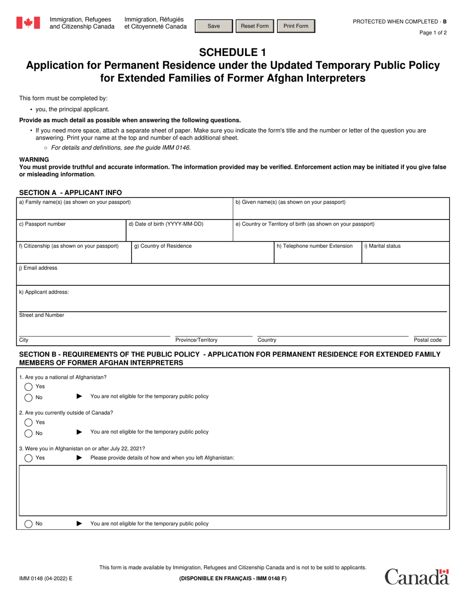Form IMM0148 Schedule 1 Application for Permanent Residence Under the Updated Temporary Public Policy for Extended Families of Former Afghan Interpreters - Canada, Page 1