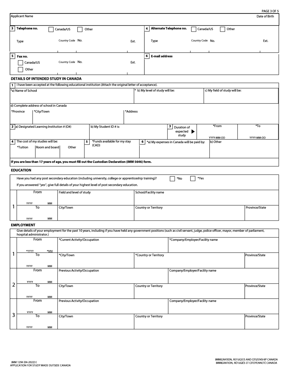 Form IMM1294 Download Fillable PDF or Fill Online Application for a ...