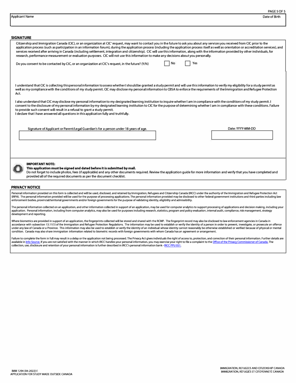 Form IMM1294 Application for Study Permit Made Outside of Canada - Canada, Page 5