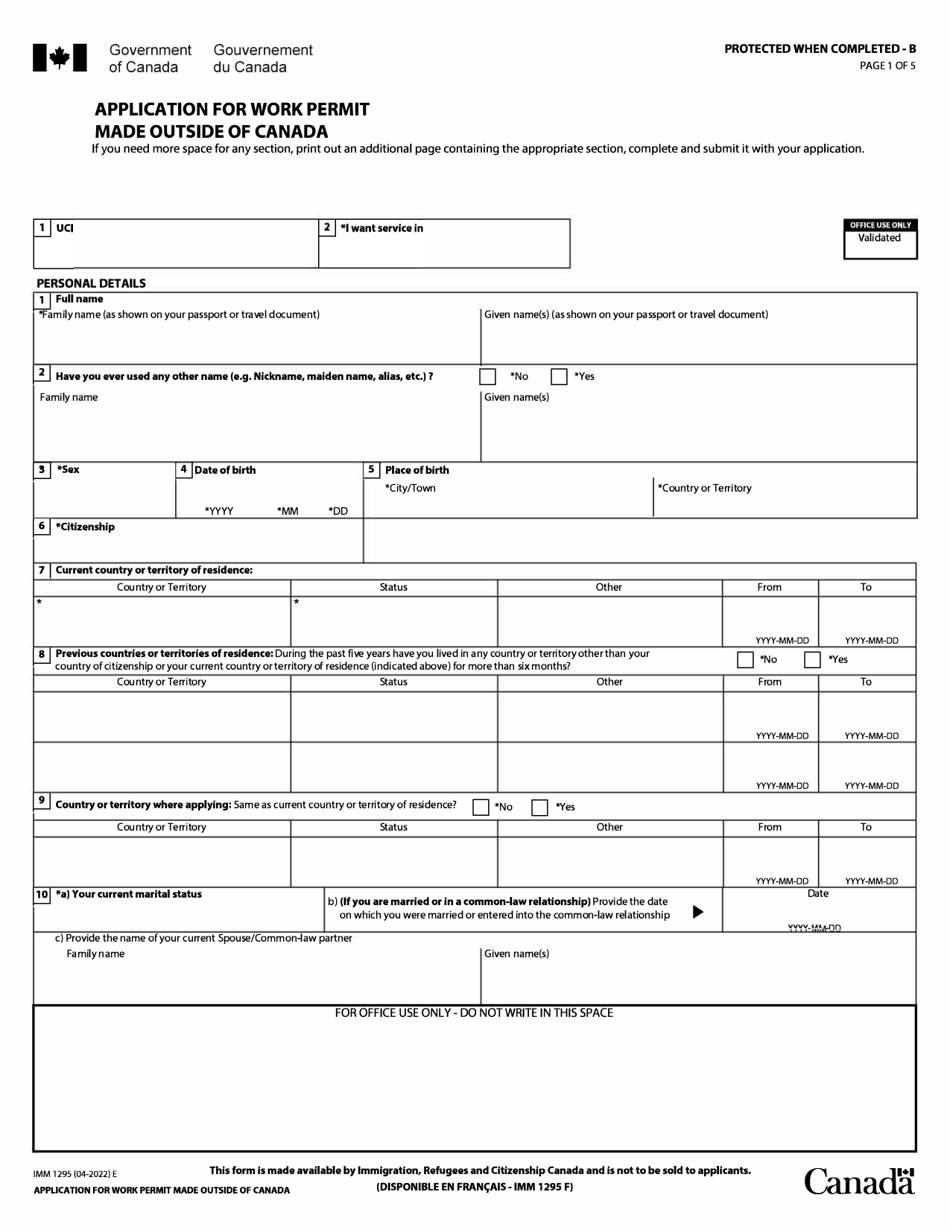 Form IMM1295 Application for a Work Permit Made Outside of Canada - Canada, Page 1