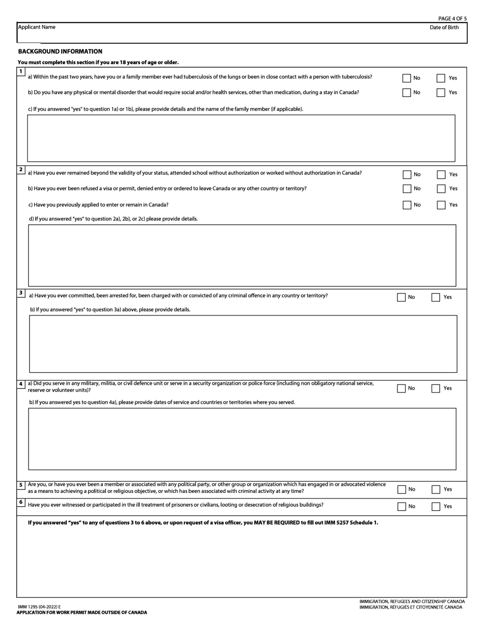 Form IMM1295 Application for a Work Permit Made Outside of Canada - Canada, Page 4