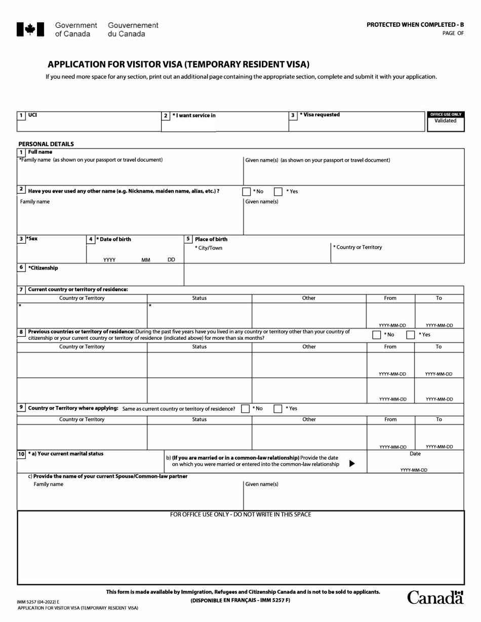 Form IMM5257 Download Fillable PDF Or Fill Online Application For Visitor Visa Temporary