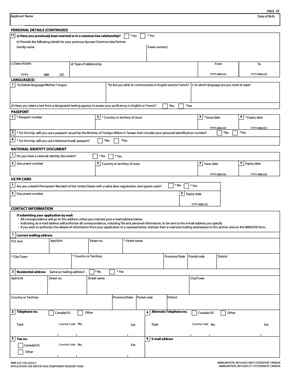 Form IMM5257 Download Fillable PDF or Fill Online Application for