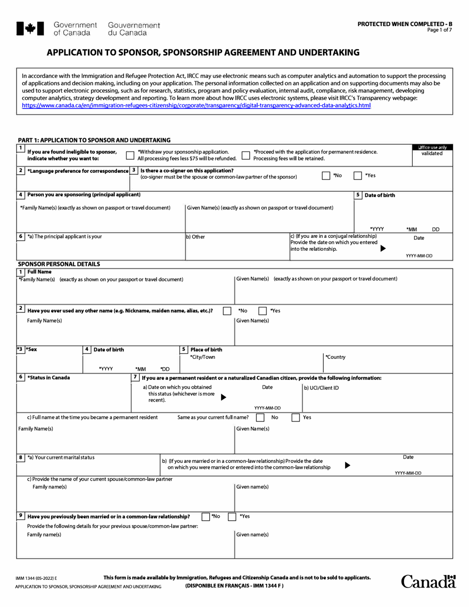 Form IMM1344 Application to Sponsor, Sponsorship Agreement and Undertaking - Canada, Page 1