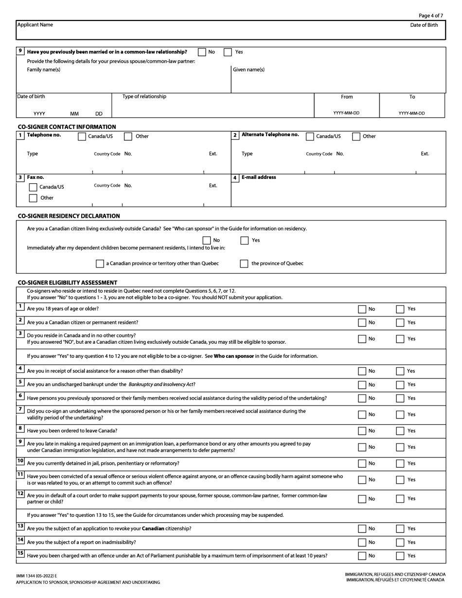 Form IMM1344 Application to Sponsor, Sponsorship Agreement and Undertaking - Canada, Page 4