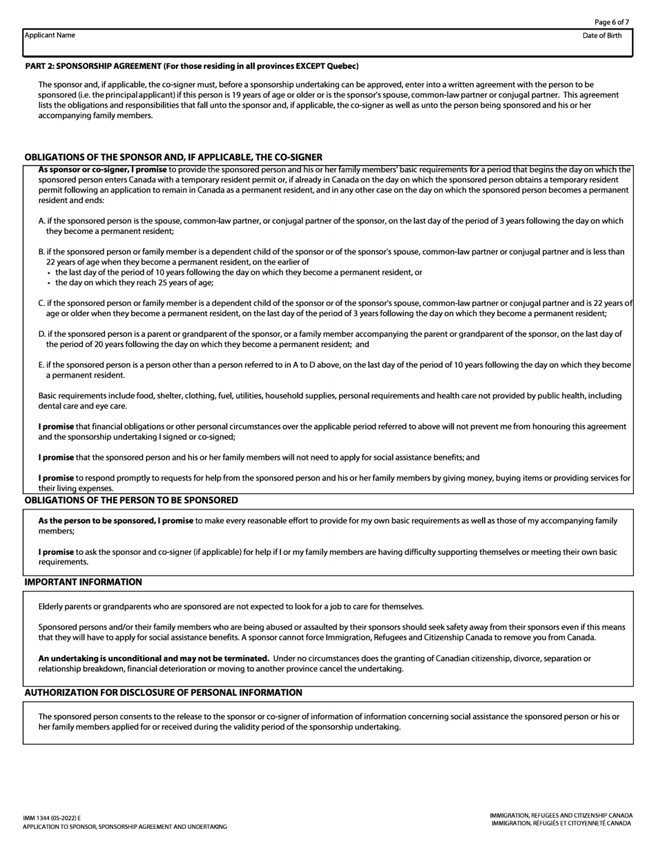 Form IMM1344 Application to Sponsor, Sponsorship Agreement and Undertaking - Canada, Page 6