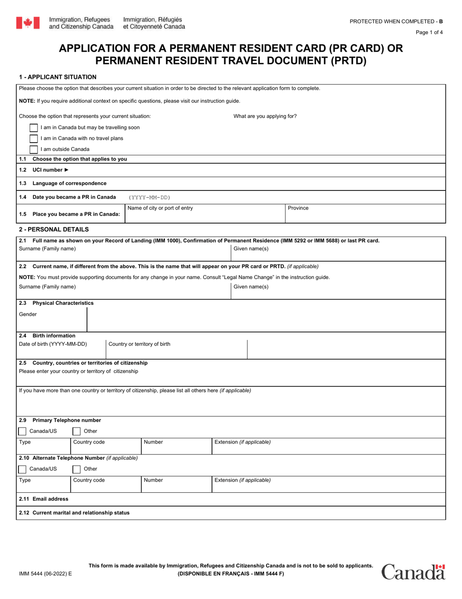 Form IMM5444 Application for a Permanent Resident Card (Pr Card) or Permanent Resident Travel Document (Prtd) - Canada, Page 1