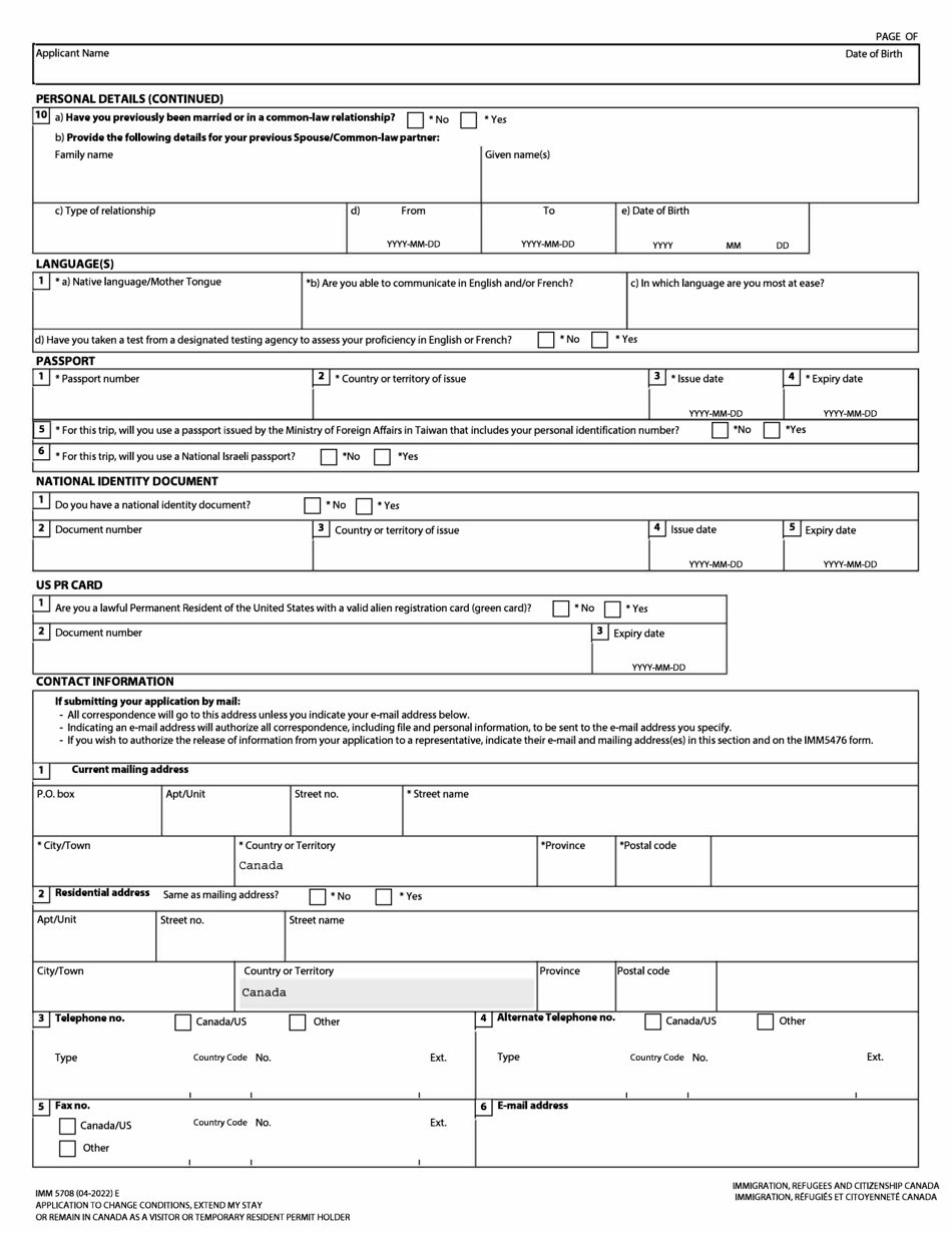 Form IMM5708 Application to Change Conditions, Extend My Stay or Remain in Canada as a Visitor or Temporary Resident Permit Holder - Canada, Page 2