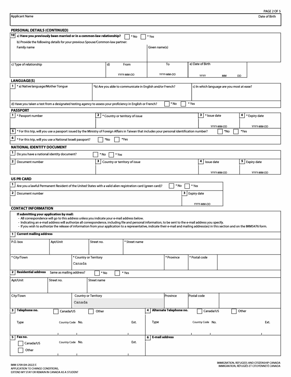 Form IMM5709 Download Fillable PDF Or Fill Online Application To Change ...