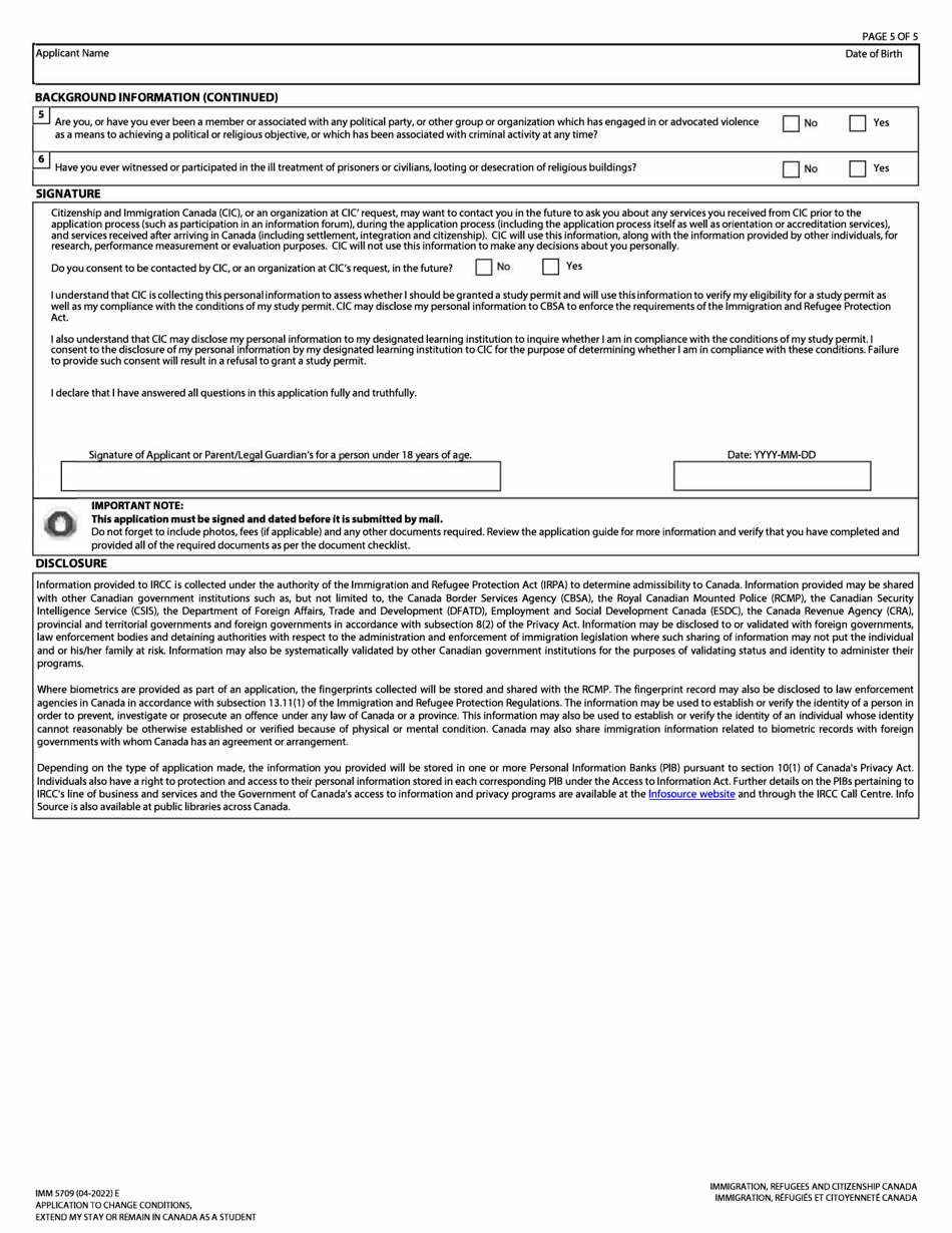 Form IMM5709 Download Fillable PDF or Fill Online Application to Change