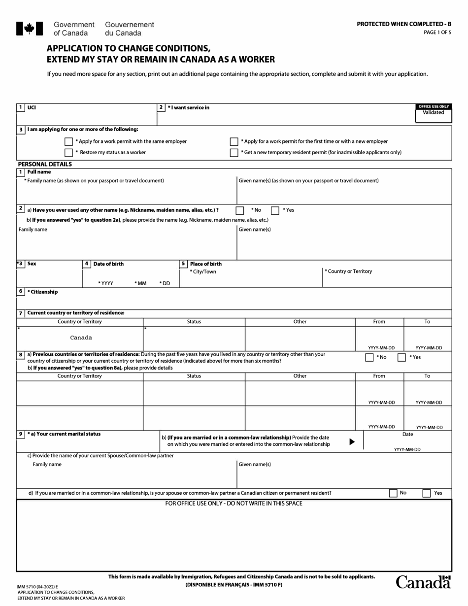 Form IMM5710 Application to Change Conditions, Extend My Stay or Remain in Canada as a Worker - Canada, Page 1