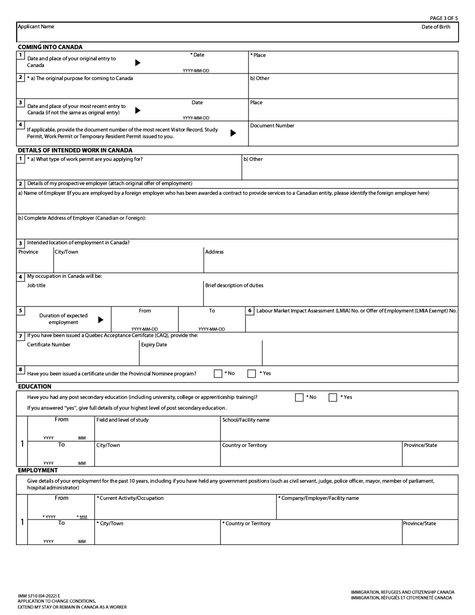 Form IMM5710 Download Fillable PDF or Fill Online Application to Change ...