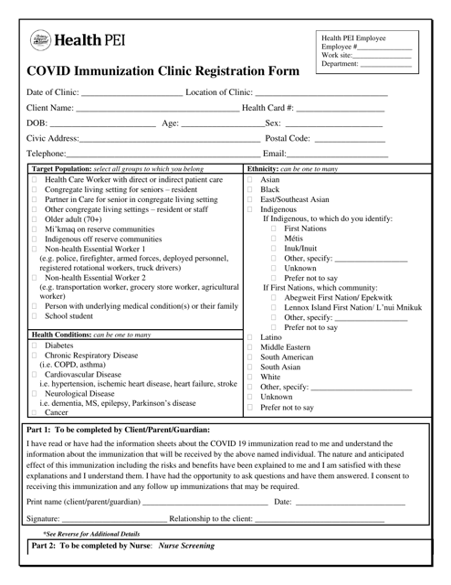 Covid Immunization Clinic Registration Form - Moderna and Pfizer - Prince Edward Island, Canada Download Pdf