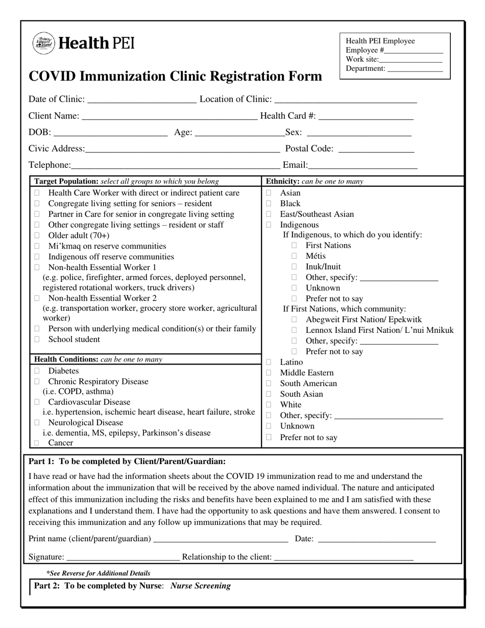Covid Immunization Clinic Registration Form - Moderna and Pfizer - Prince Edward Island, Canada, Page 1