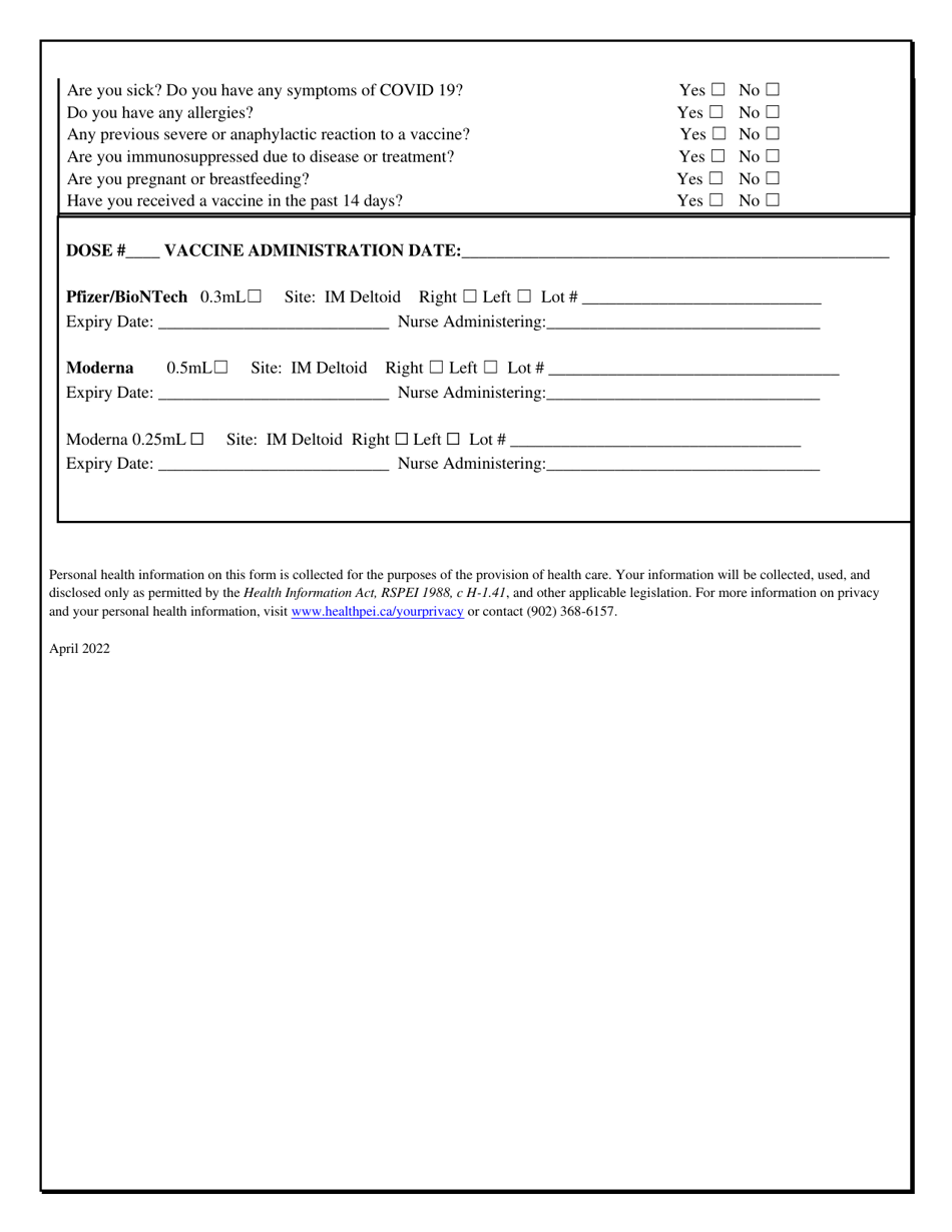 Covid Immunization Clinic Registration Form - Moderna and Pfizer - Prince Edward Island, Canada, Page 2