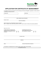 Document preview: Application for Certificate of Abandonment - Manitoba, Canada