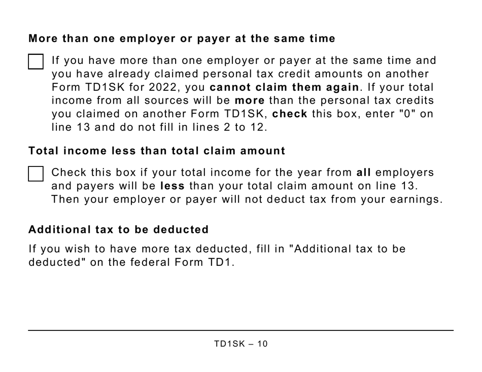 Form TD1SK 2022 Fill Out, Sign Online and Download Printable PDF