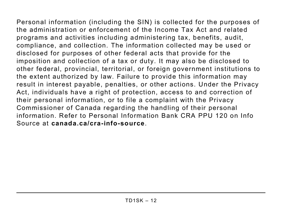 Form TD1SK Saskatchewan Personal Tax Credits Return - Large Print - Canada, Page 12