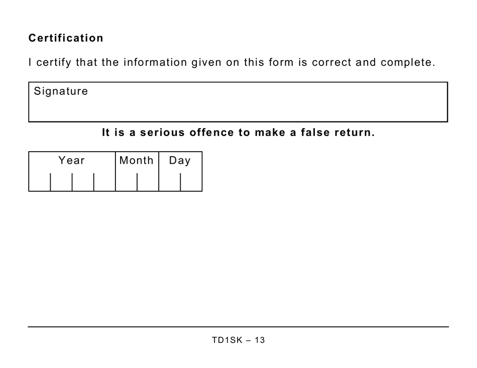 Form TD1SK 2022 Fill Out, Sign Online and Download Printable PDF