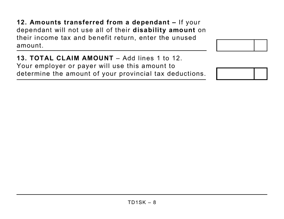 Form TD1SK 2022 Fill Out, Sign Online and Download Printable PDF