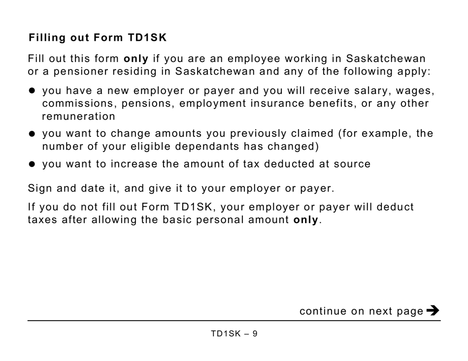 Form TD1SK Saskatchewan Personal Tax Credits Return - Large Print - Canada, Page 9