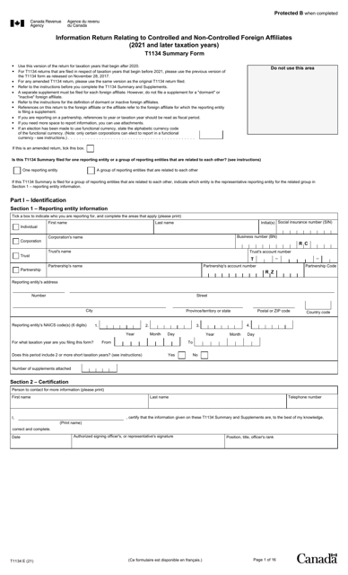 Form T1134 Information Return Relating to Controlled and Non-controlled Foreign Affiliates (2021 and Later Taxation Years) - Canada