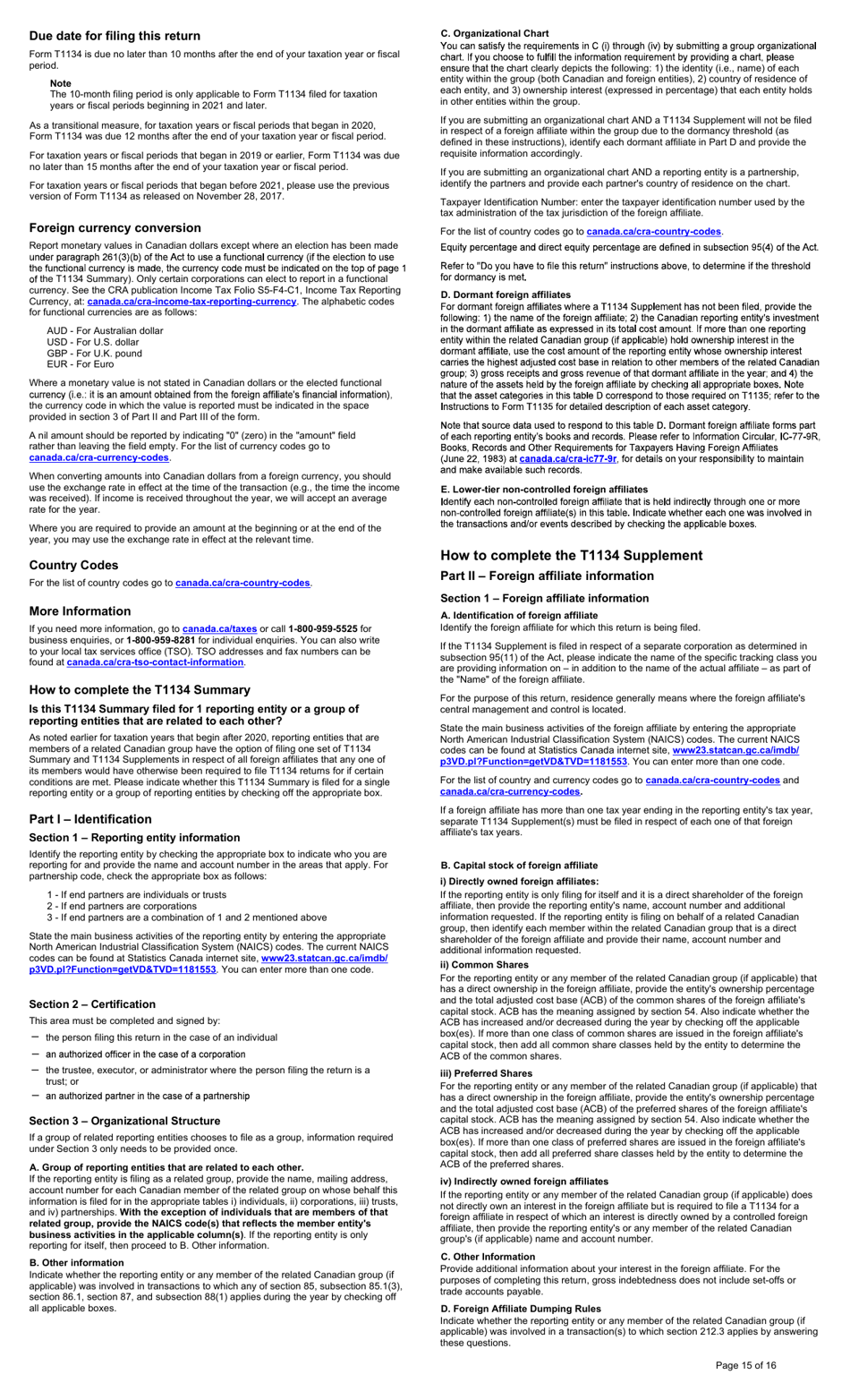 Form T1134 Information Return Relating to Controlled and Non-controlled Foreign Affiliates (2021 and Later Taxation Years) - Canada, Page 15