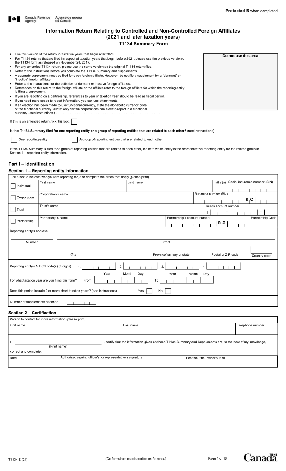 Form T1134 Information Return Relating to Controlled and Non-controlled Foreign Affiliates (2021 and Later Taxation Years) - Canada, Page 1