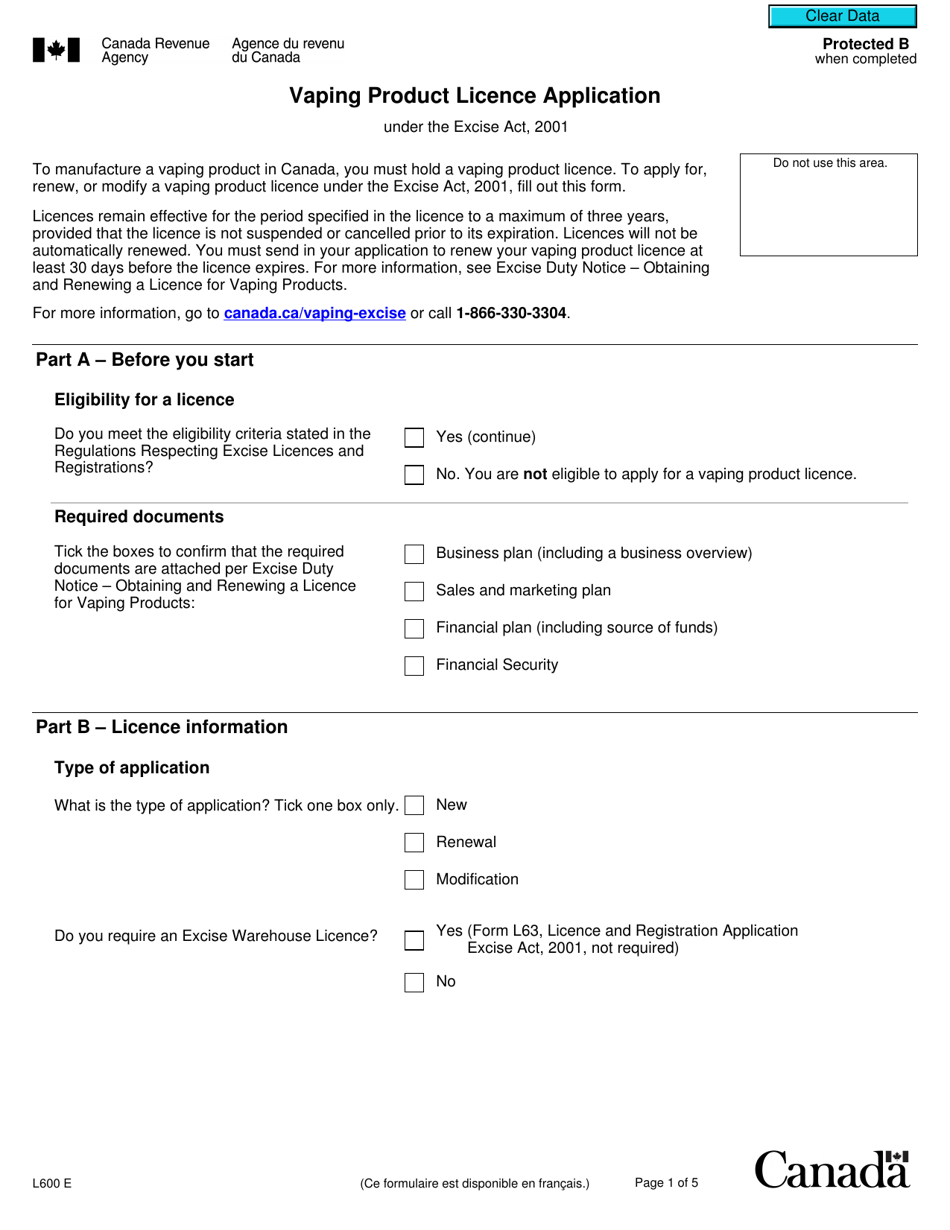 Form L600 Vaping Product Licence Application - Canada, Page 1