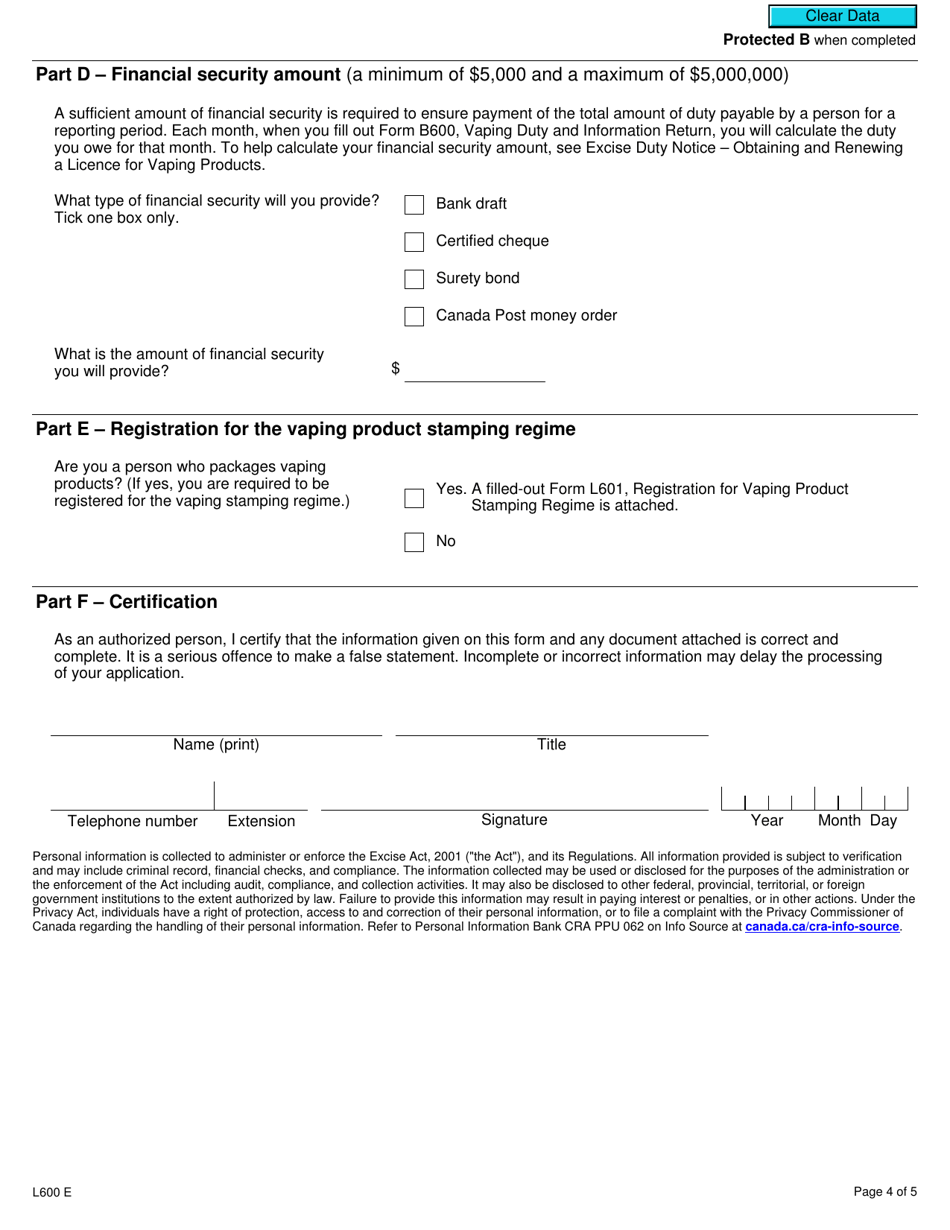 Form L600 Vaping Product Licence Application - Canada, Page 4