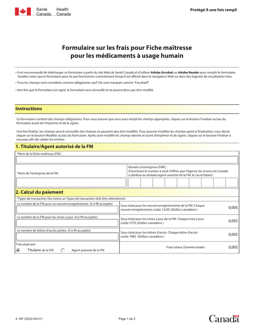 Forme 4.16F Formulaire Sur Les Frais Pour Fiche Maitresse Pour Les Medicaments a Usage Humain - Canada (French)