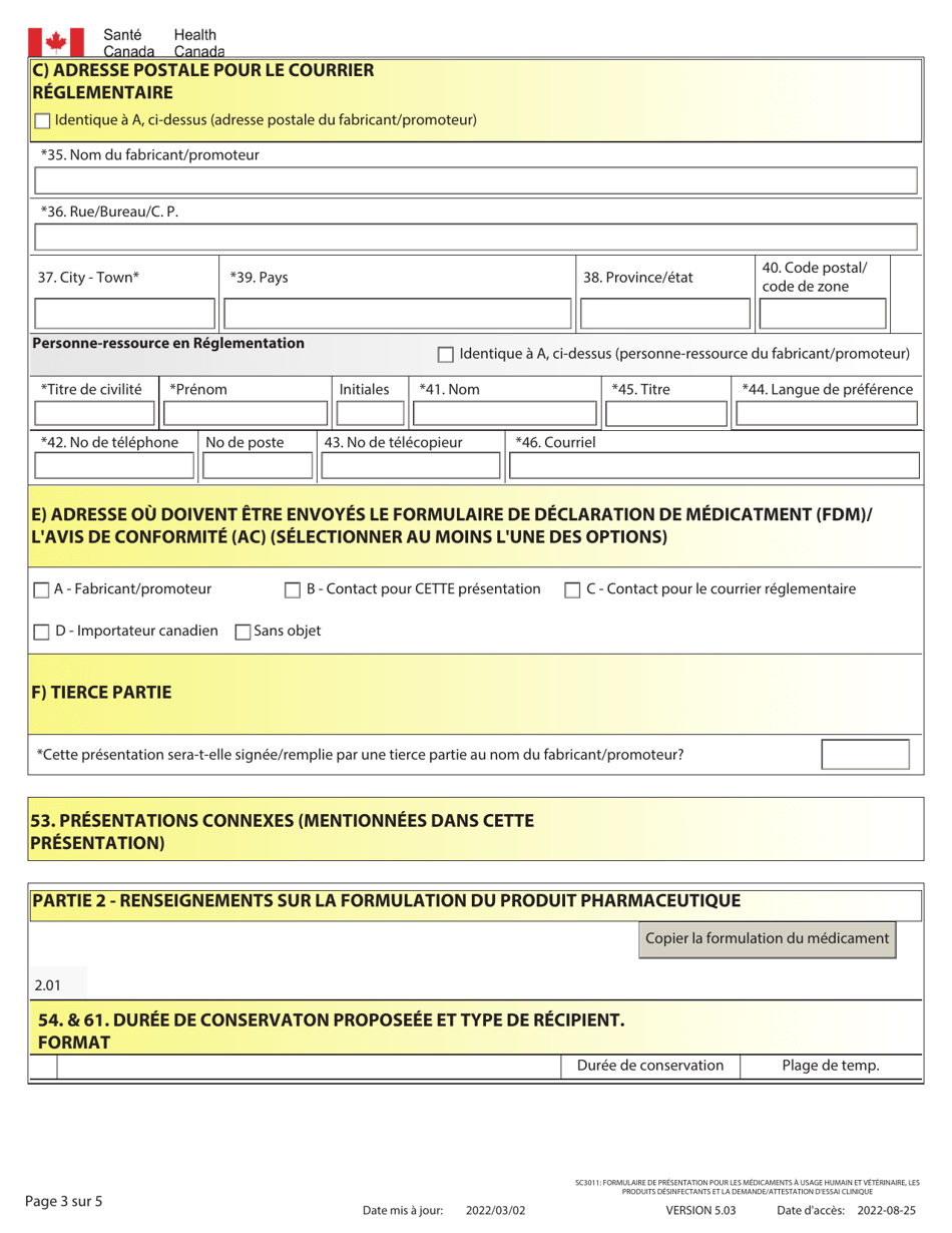 Forme SC3011 Formulaire De Presentation Pour Les Medicaments a Usage Humain Et Veterinaire, Les Produits Desinfectants Et La Demande / Attestation Dessai Clinique - Canada (French), Page 3
