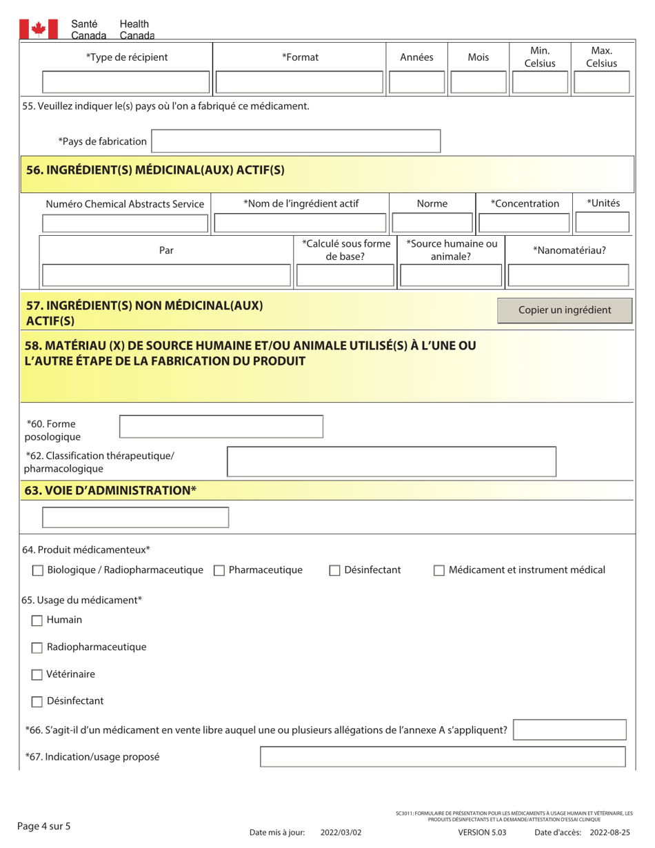 Forme SC3011 Formulaire De Presentation Pour Les Medicaments a Usage Humain Et Veterinaire, Les Produits Desinfectants Et La Demande / Attestation Dessai Clinique - Canada (French), Page 4