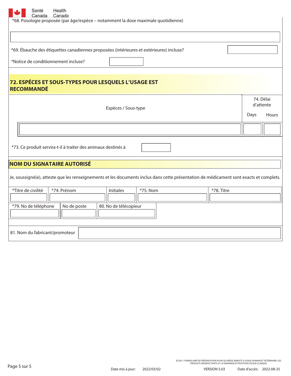 Forme SC3011 Formulaire De Presentation Pour Les Medicaments a Usage Humain Et Veterinaire, Les Produits Desinfectants Et La Demande / Attestation Dessai Clinique - Canada (French), Page 5