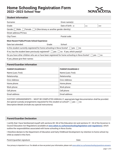 Home Schooling Registration Form - Nova Scotia, Canada Download Pdf